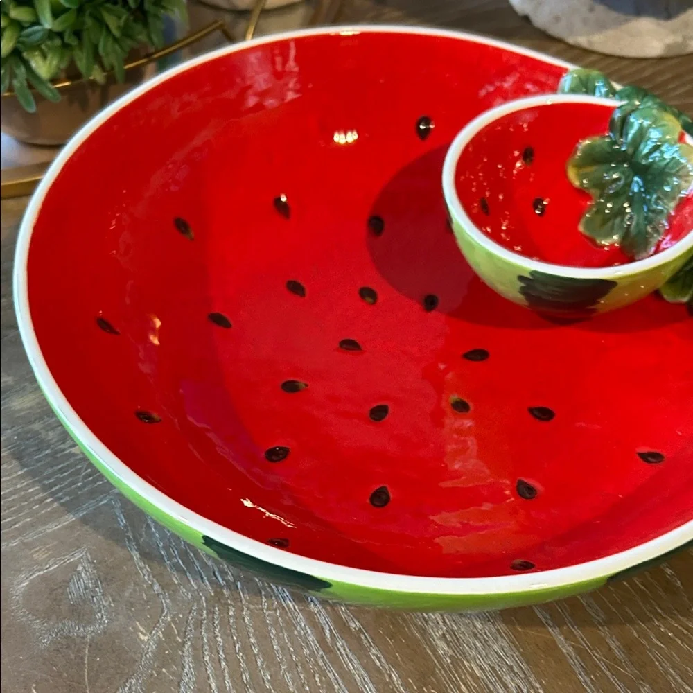 NEW! Ceramic Stoneware Vibrant Watermelon Chip & Dip Serving Fruit Bowl